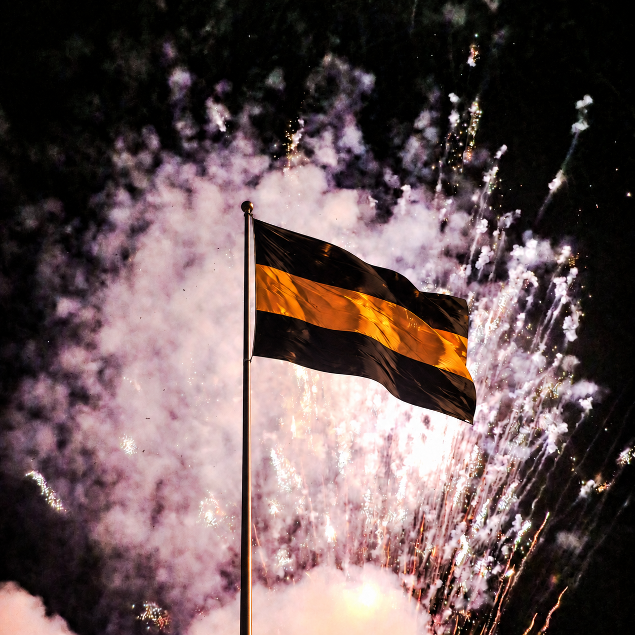 Mahinda College black and gold flag against fireworks